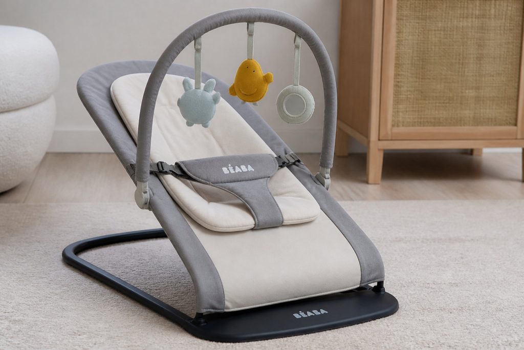 Un transat Up & Down Beaba beige et gris avec harnais de sécurité et barre au plafond, contenant trois jouets en peluche, posé sur une moquette claire dans une chambre moderne pour un confort optimal.