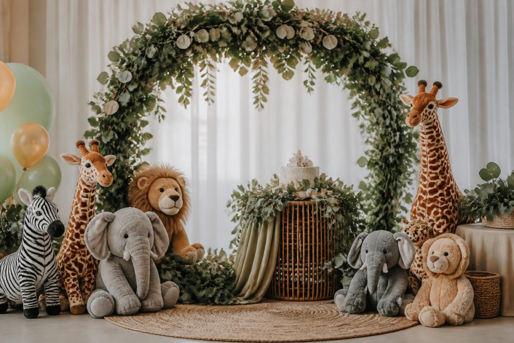 Des animaux en peluche, dont une girafe, un lion, un zèbre et des éléphants, sont disposés autour d'un tapis rond et d'une arche feuillue par l'organisatrice de la baby shower, créant ainsi une scène mémorable avec des ballons et une petite table en arrière-plan.