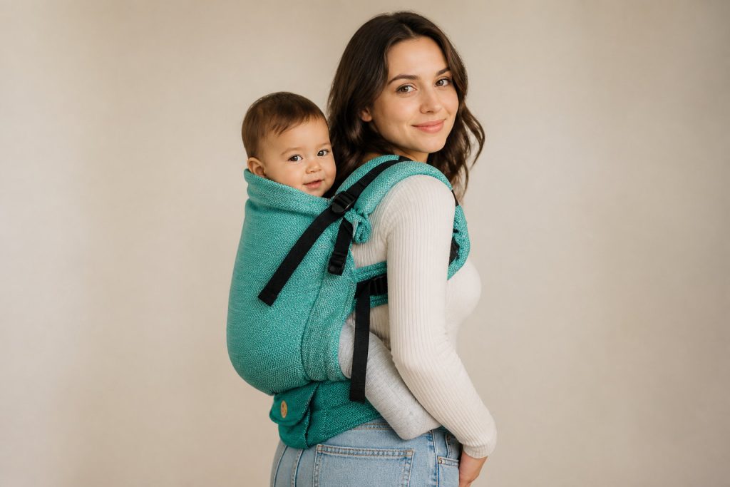 Une femme portant une chemise blanche à manches longues porte un bébé sur son dos dans un porte-bébé physiologique de couleur sarcelle, les deux regardant l'appareil photo - un style qui pourrait figurer dans n'importe quelle sélection 2026 pour le meilleur porte-bébé.