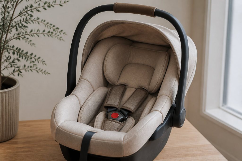 Un siège auto beige avec une poignée et un harnais de sécurité est posé sur une table en bois à côté d'une plante en pot et d'une fenêtre, offrant confort et sécurité lorsqu'il s'agit de choisir la meilleure option en fonction du poids de l'enfant.