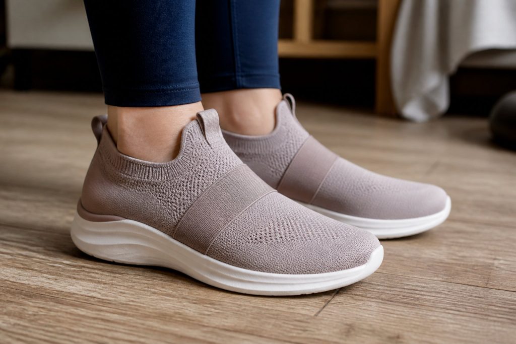 Une personne portant des chaussures de sport mauves claires à semelles blanches se tient debout sur un sol en bois, prête à faire du sport sans risque recommandé pendant la grossesse.