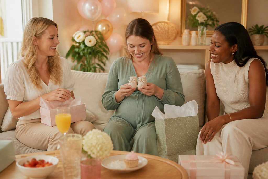 Trois femmes sont assises sur un canapé lors d'une fête prénatale, souriant et ouvrant des cadeaux. Des cadeaux emballés, des fleurs et des amuse-gueules disposés par l'organisateur ajoutent une touche originale à l'atmosphère festive.