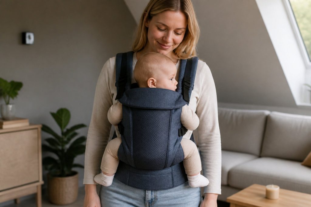 Une femme se tient à l'intérieur, souriant à un bébé confortablement installé dans un porte-bébé physiologique, présentant l'une des meilleures options de porte-bébé pour votre sélection 2026.
