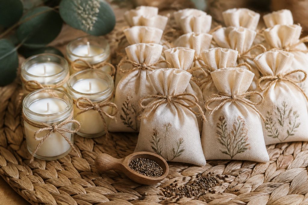 Plusieurs petits sacs en tissu avec des motifs de plantes sont disposés sur un tapis tissé à côté de quatre bougies blanches dans des bocaux en verre et d'une cuillère en bois contenant des graines - parfait pour créer un mémorable présentoir d'organisation de baby shower.