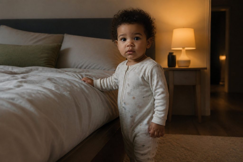 Un enfant en pyjama léger se tient à côté d'un lit dans une chambre faiblement éclairée, avec une lampe allumée sur la table de nuit, prêt à réussir la transition d'un lit à barreaux à son nouvel espace de sommeil.