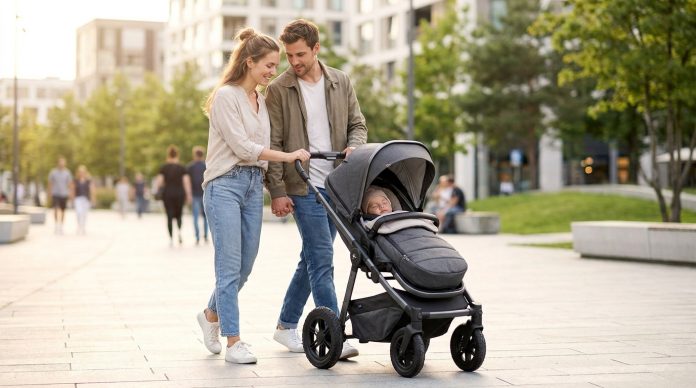 Un homme et une femme se promènent à l'extérieur, souriant et se tenant la main, tout en poussant un bébé dans une poussette le long d'un chemin pavé dans un parc urbain. Un homme et une femme se promènent à l'extérieur, souriant et se tenant la main, tout en poussant un bébé dans une poussette le long d'un chemin pavé dans un parc urbain.