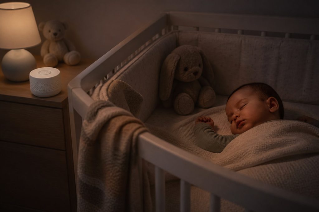 Un nouveau-né dort dans un berceau, recouvert d'une couverture beige. Un lapin et un ours en peluche sont posés à proximité, tandis qu'une lampe et un appareil blanc sont posés sur la table de nuit - parfaits pour guetter les signes de fatigue à ne pas ignorer.